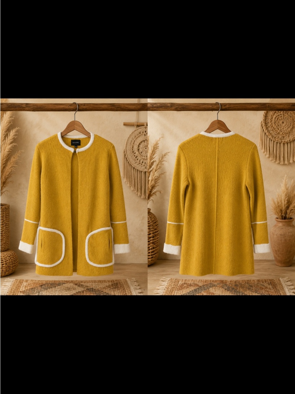 Anthropology La Fee Verte Mustard Yellow Open-Front Cardigan with White Trim xs